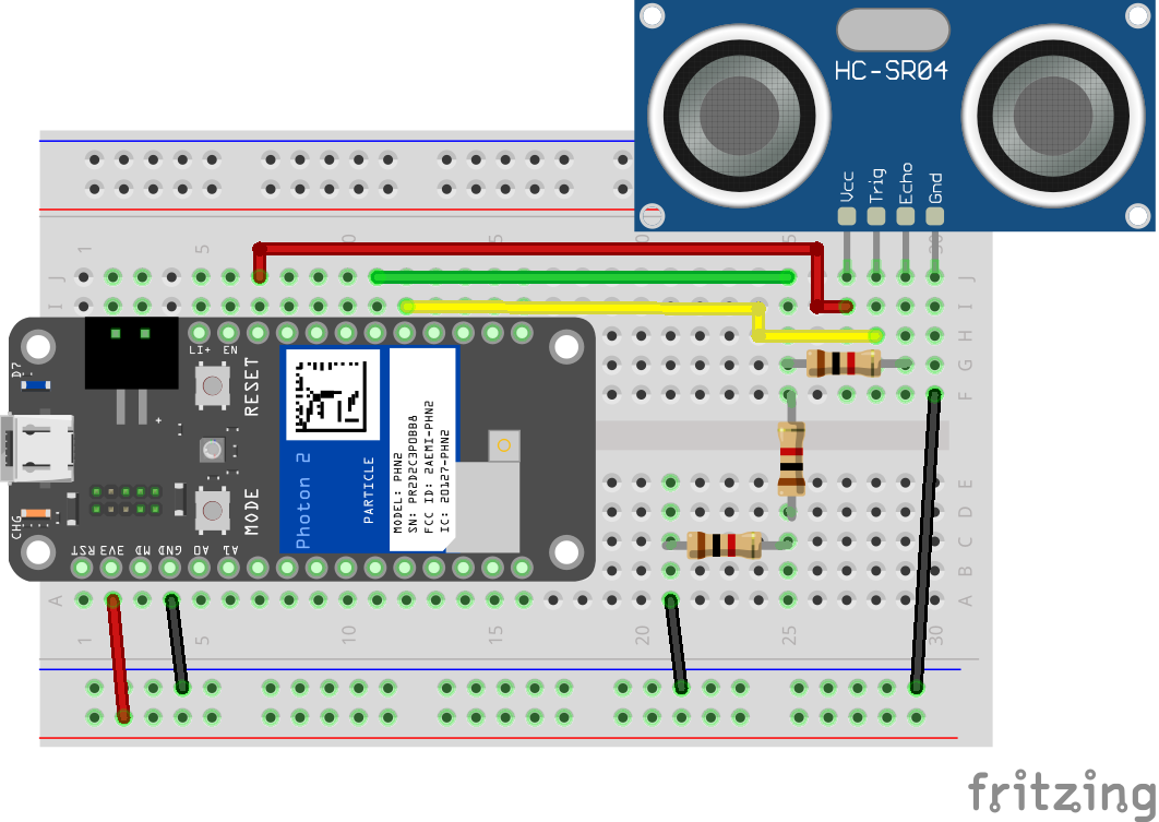 Breadboard connections for an HC-SR04 ultrasonic range finder